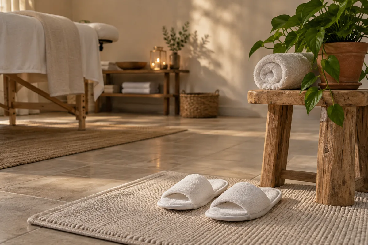 Paire de chaussons en éponge blancs posés sur un tapis de bain clair, à côté d’un tabouret en bois et d’une plante verte
