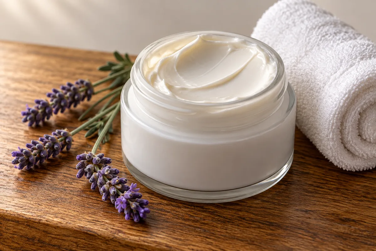 Pot de crème blanc ouvert sur sa texture onctueuse, brins de lavande et serviette roulée sur une tablette en bois