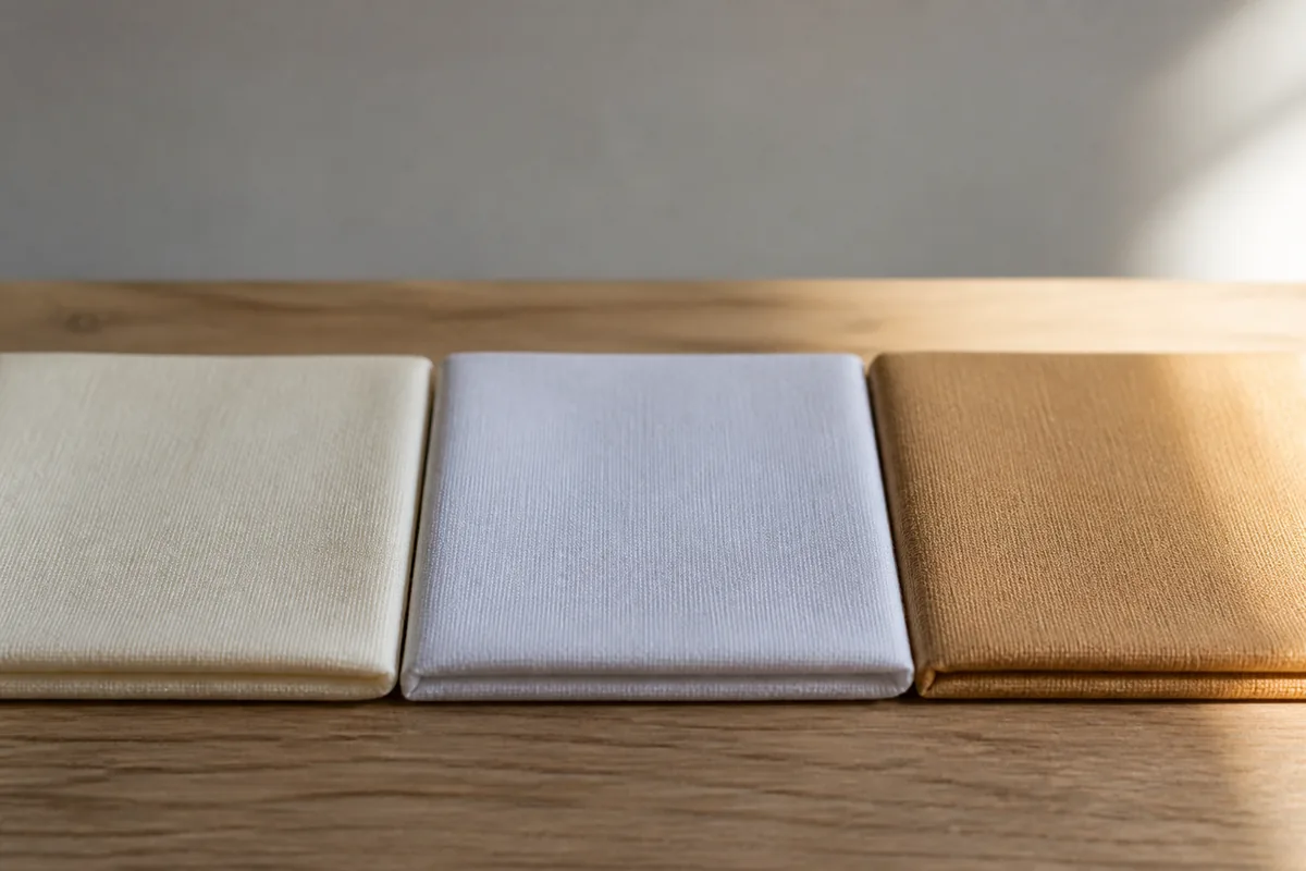 Trois carrés de tissu uni posés côte à côte sur une table en bois clair près d’une fenêtre