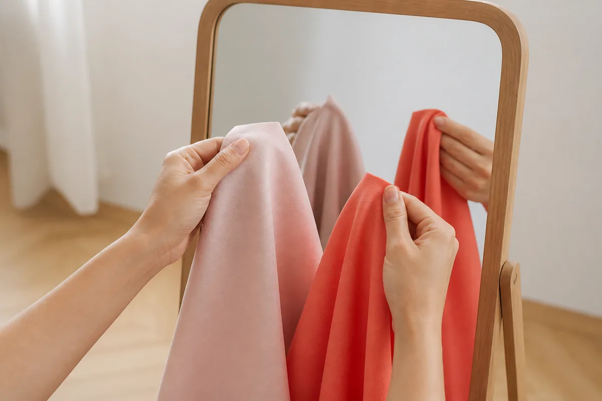 Mains tenant deux étoffes de teintes différentes devant un miroir baigné de lumière naturelle