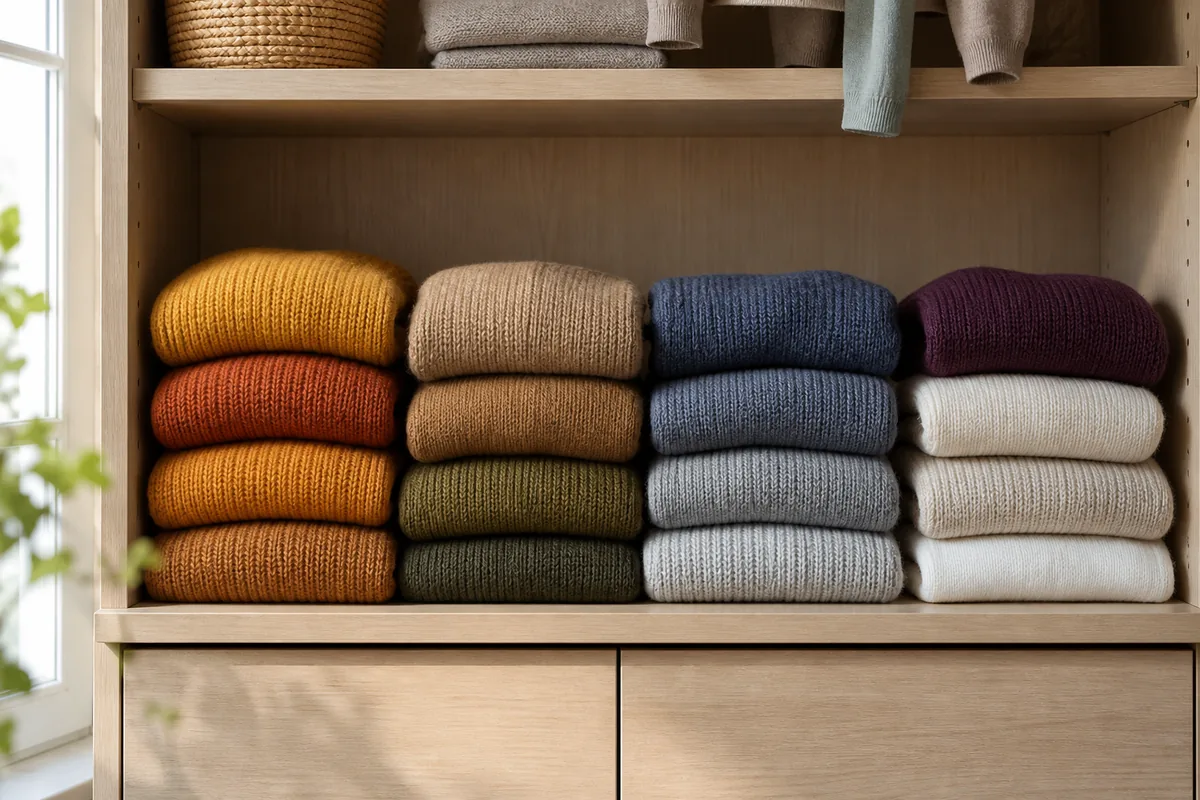 Pile de pulls en maille rangés par nuances chaudes puis froides sur une étagère claire