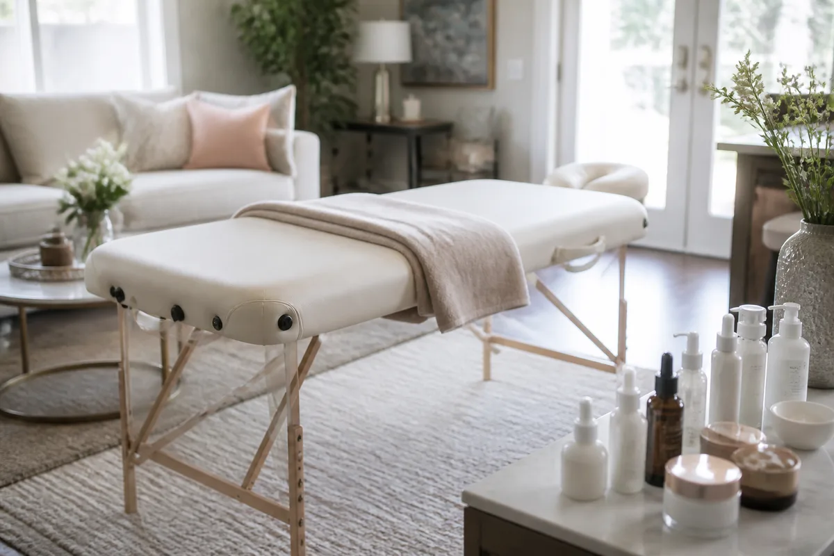 Table de soin pliante installée dans un salon lumineux avec produits alignés