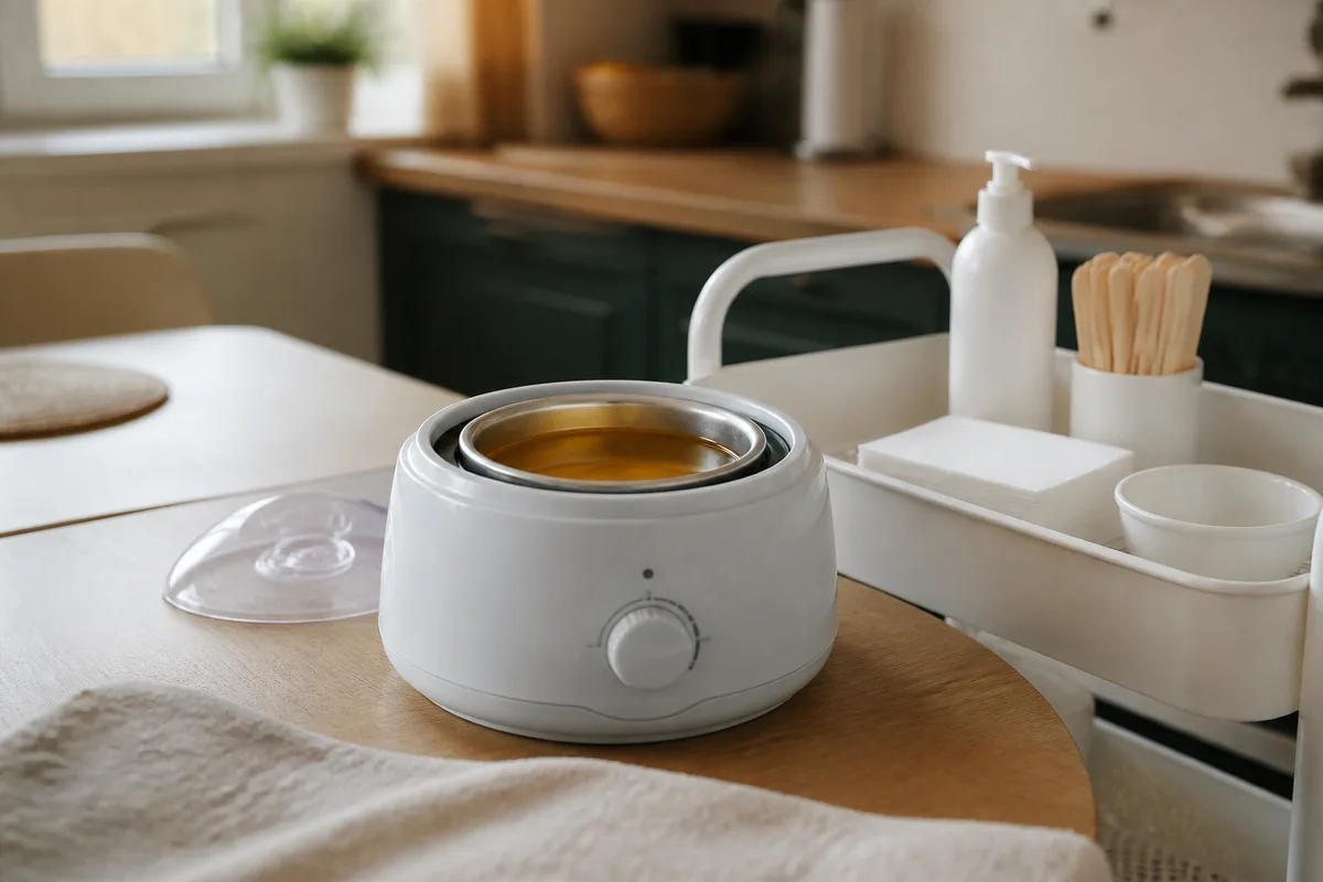 Cire tiède chauffée sur poste mobile posé sur une table de cuisine