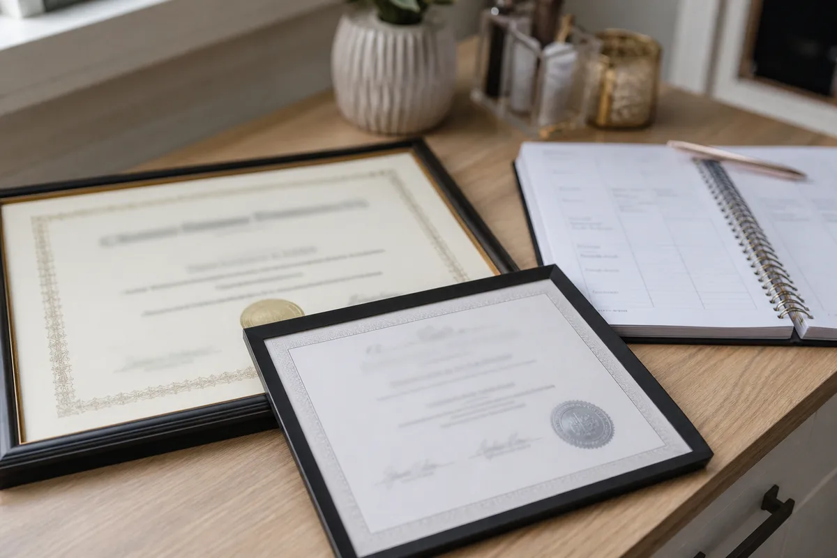 Diplôme et attestation professionnelle posés sur une table à côté d&rsquo;un carnet de rendez-vous