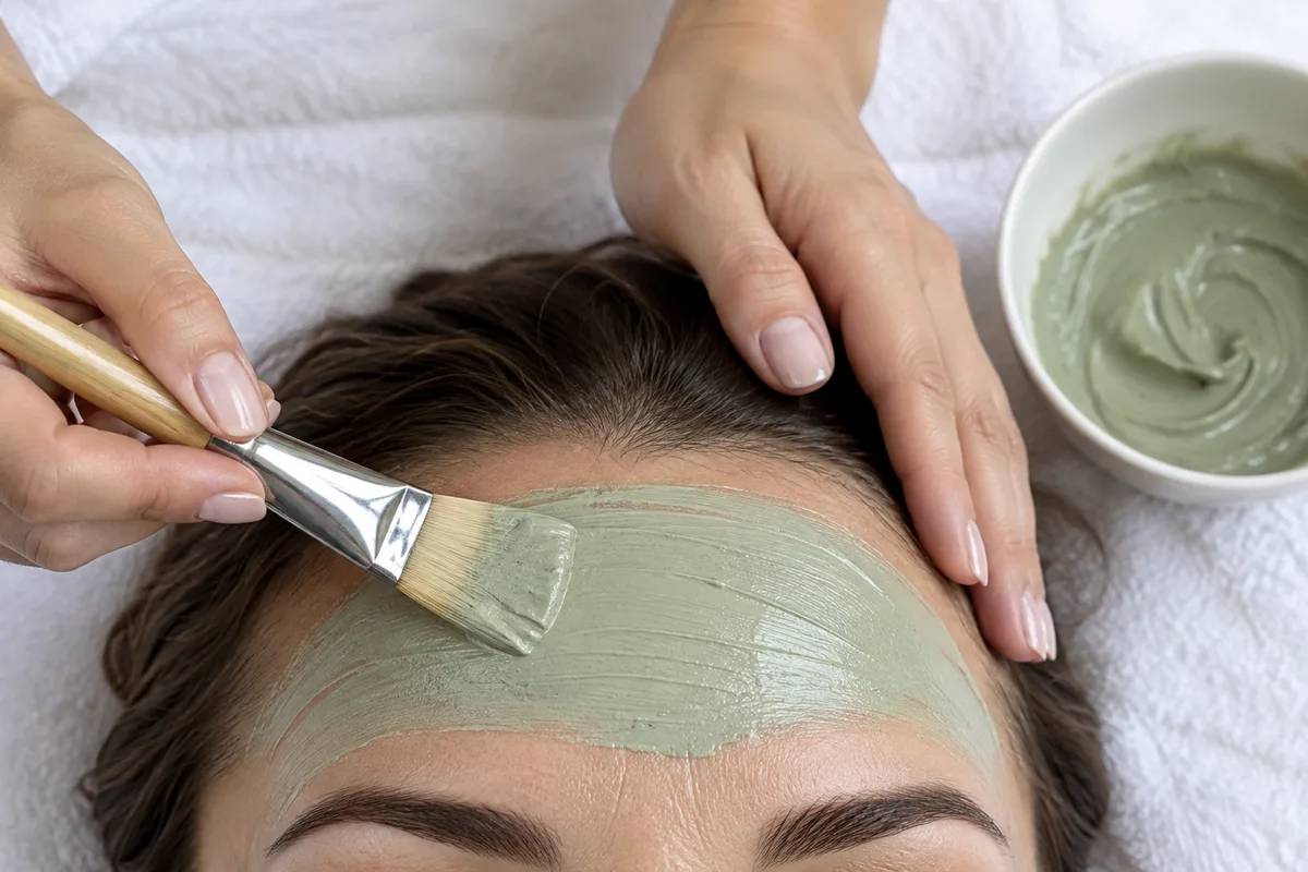 Mains d&rsquo;une esthéticienne appliquant un masque au pinceau sur un front