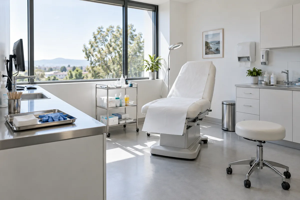 Cabinet médical vide et lumineux avec un fauteuil de consultation