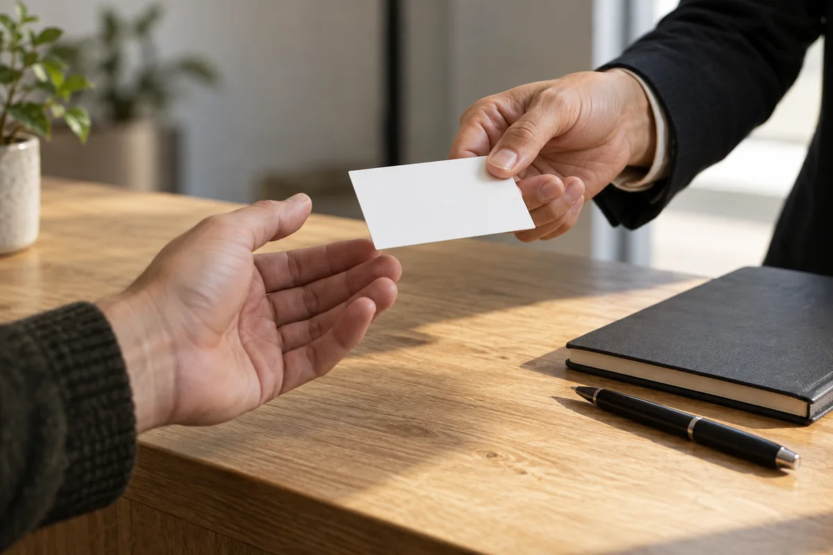 Main tendant une carte vierge à une autre main au-dessus d&rsquo;un comptoir clair