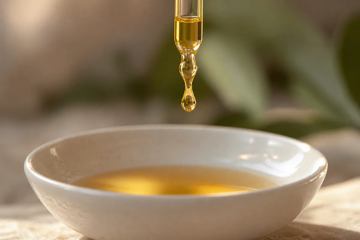 Compte-gouttes libérant une goutte d&rsquo;huile végétale dorée au-dessus d&rsquo;une petite coupelle en céramique