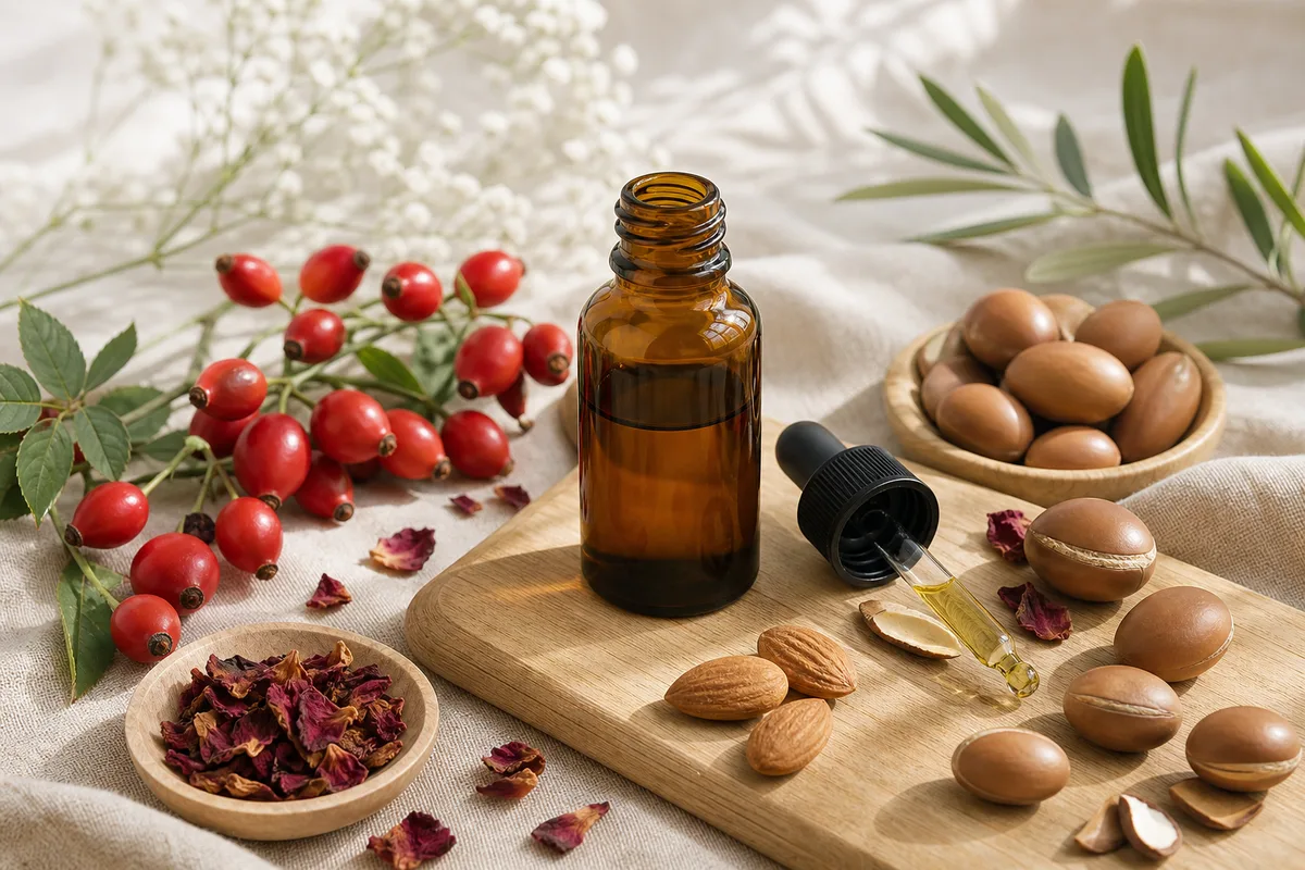 Flacon d&rsquo;huile végétale ouvert entouré d&rsquo;ingrédients botaniques, baies d&rsquo;églantier et amandes, sur du lin beige
