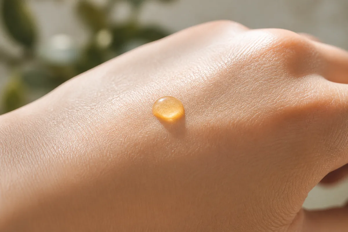 Goutte d&rsquo;huile végétale déposée sur le dos d&rsquo;une main, texture dorée et lumineuse en gros plan