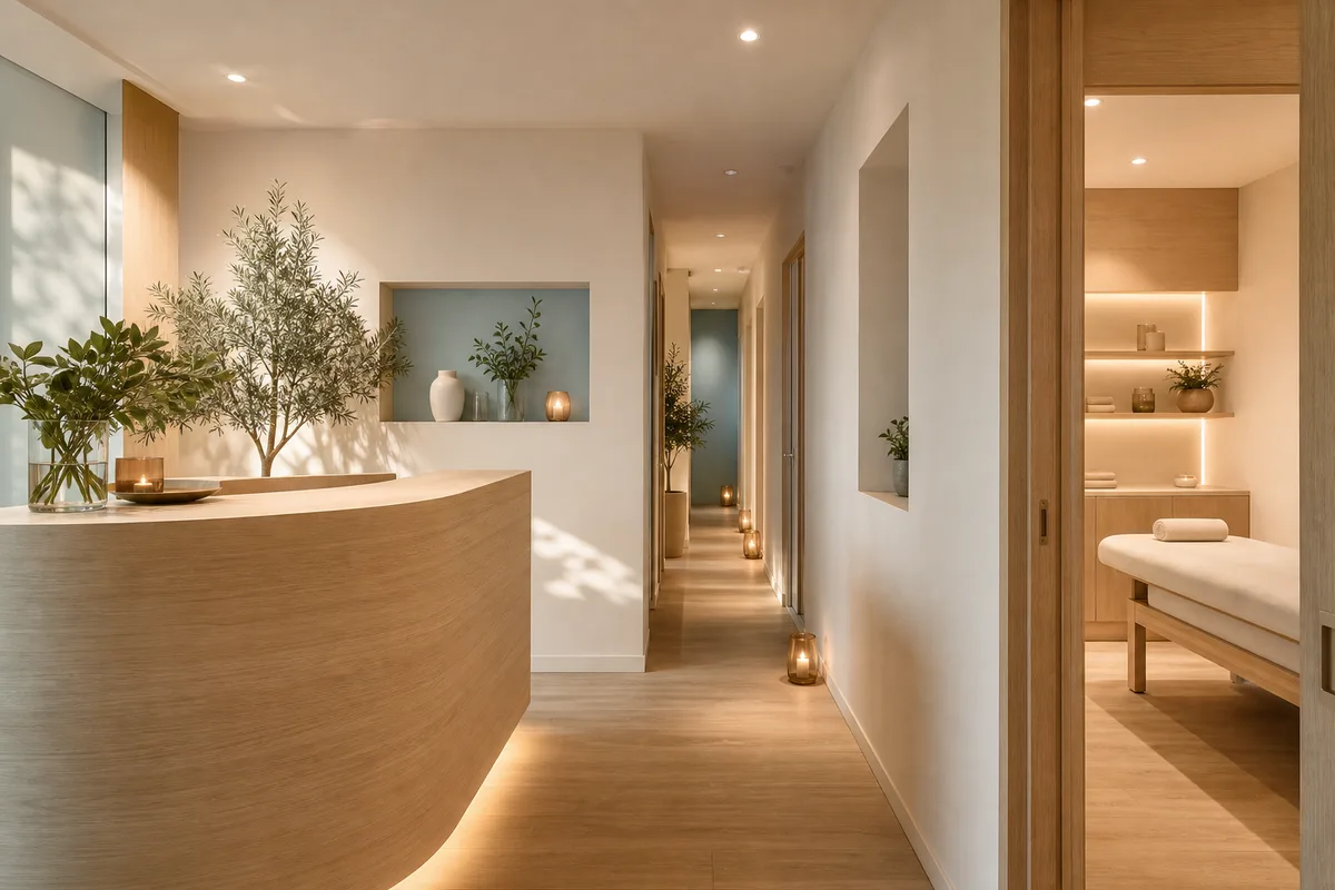 Intérieur lumineux d&rsquo;un institut de beauté avec cabine de soin ouverte