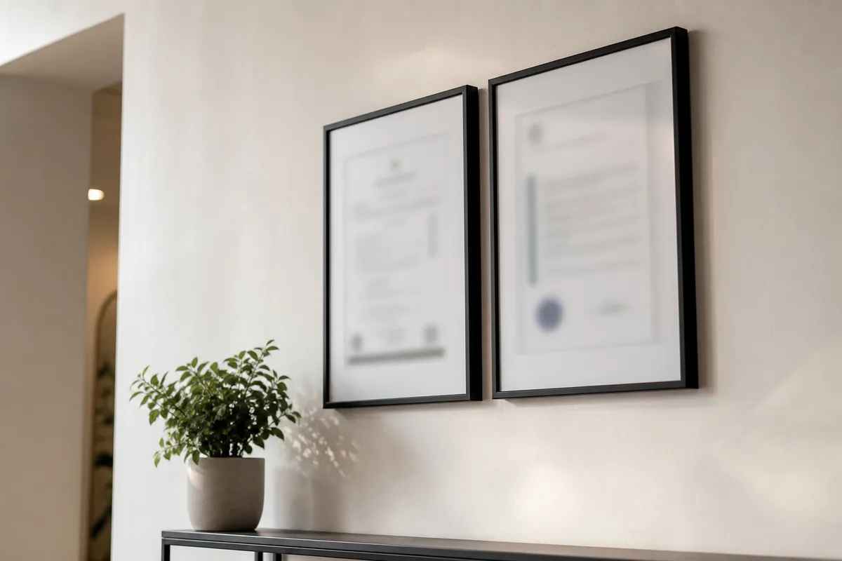 Diplôme encadré et attestation affichés au mur d&rsquo;un accueil d&rsquo;institut