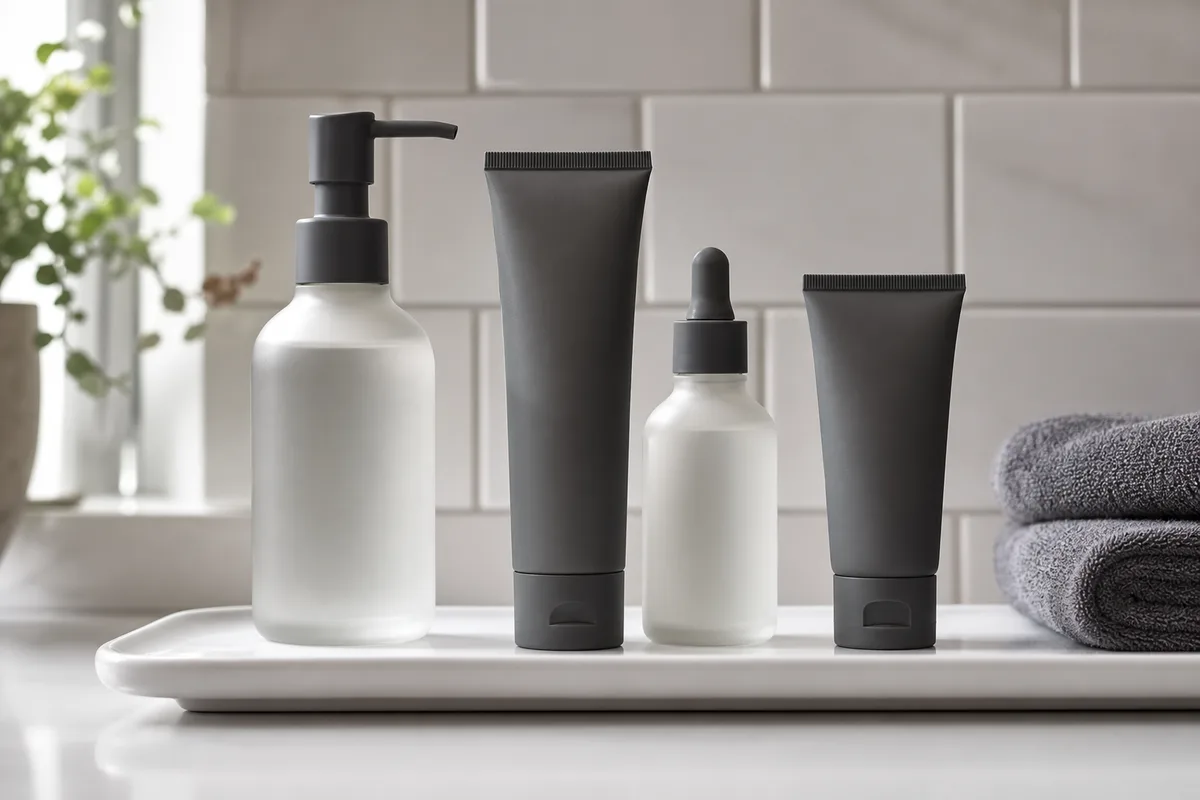 Flacons de soins masculins alignés sur une tablette de salle de bain claire