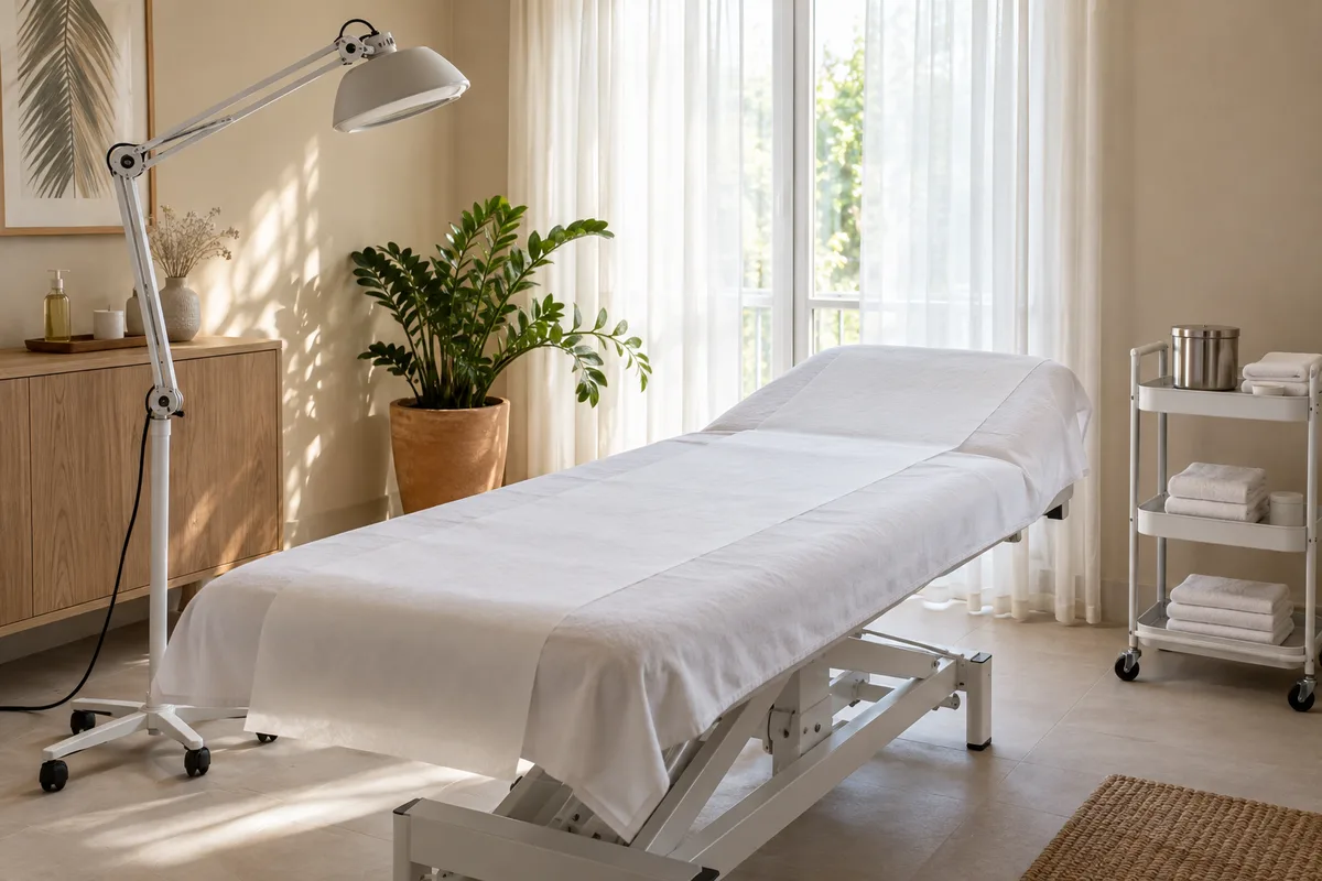 Cabine d’épilation vide avec table de soin drapée de blanc et lampe sur pied