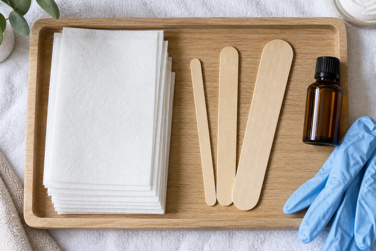 Bandes d’épilation non tissées et spatules en bois alignées sur un plateau clair