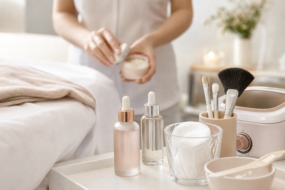 Esthéticienne préparant une table de soin avec produits et matériel professionnel dans un institut lumineux