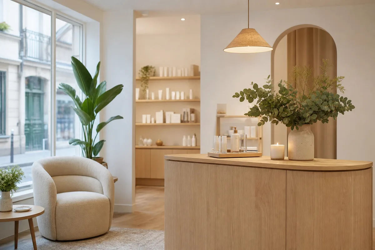 Accueil d’un institut de beauté avec comptoir clair, plantes et présentoir de produits, ambiance calme et soignée