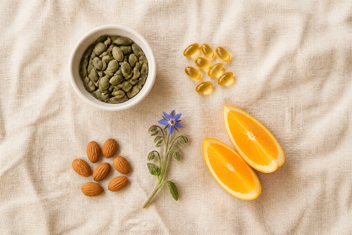 Graines de courge, capsules d&rsquo;huile dorées et fleur de bourrache disposées sur du lin