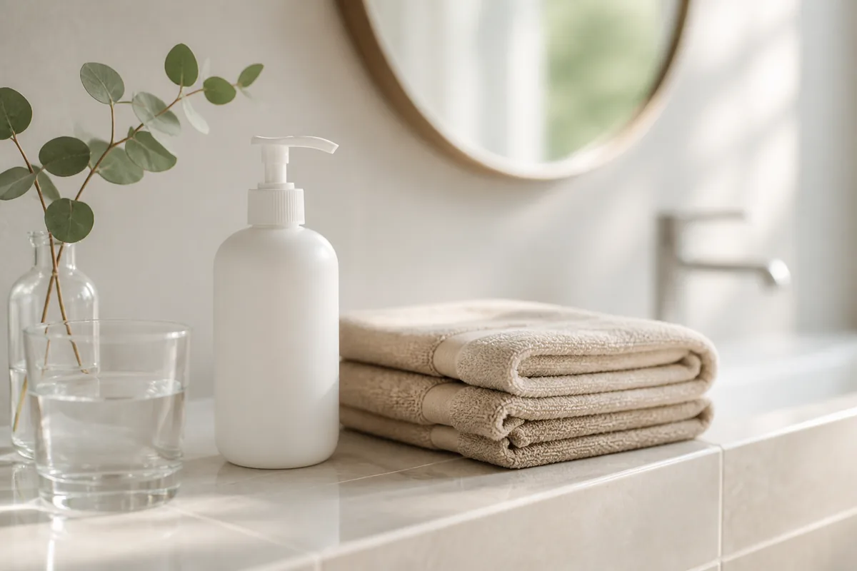 Flacon pompe blanc uni, serviette beige et verre d&rsquo;eau sur une tablette de salle de bains