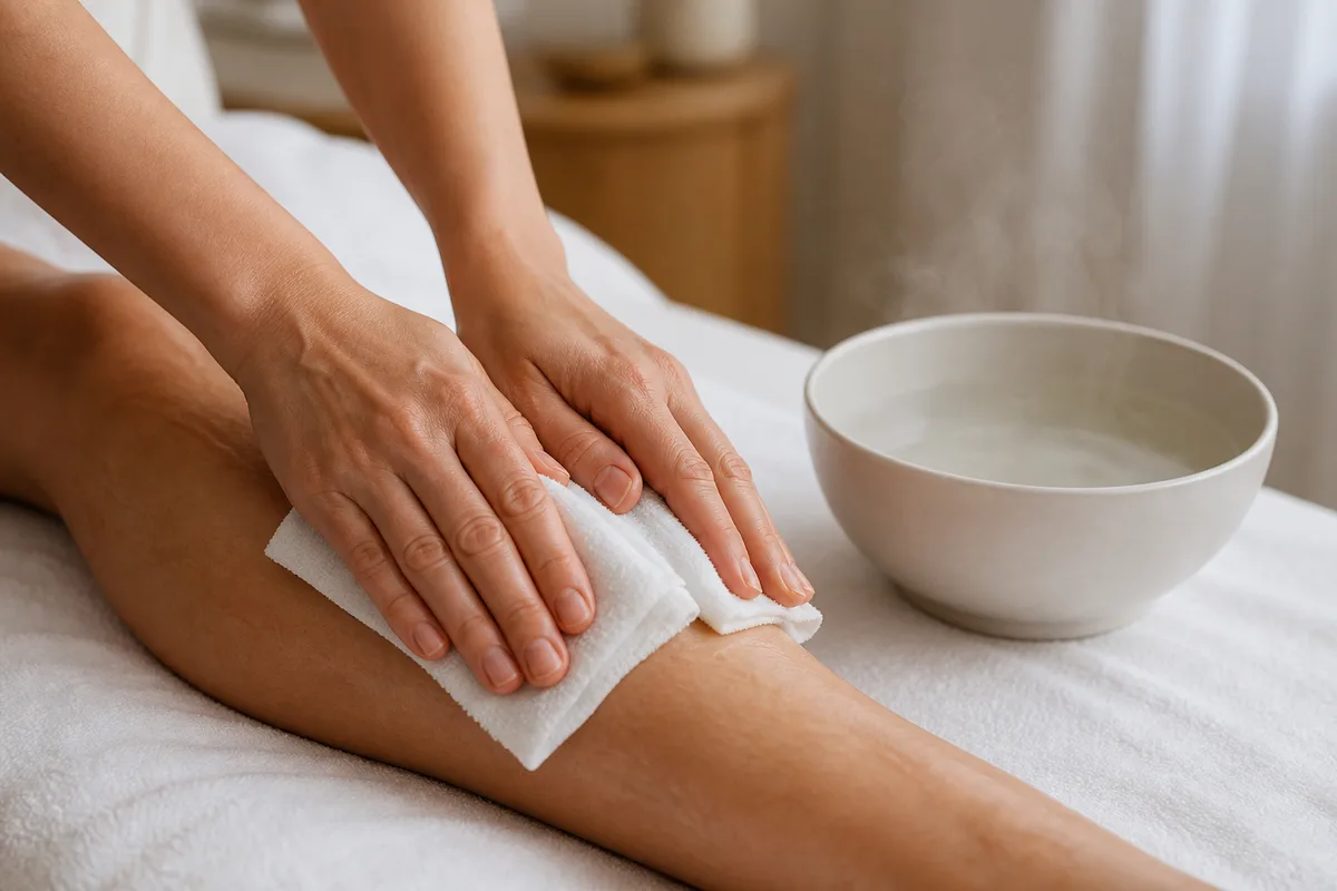 Peau de tibia après une épilation, avec un gant exfoliant posé sur une serviette blanche