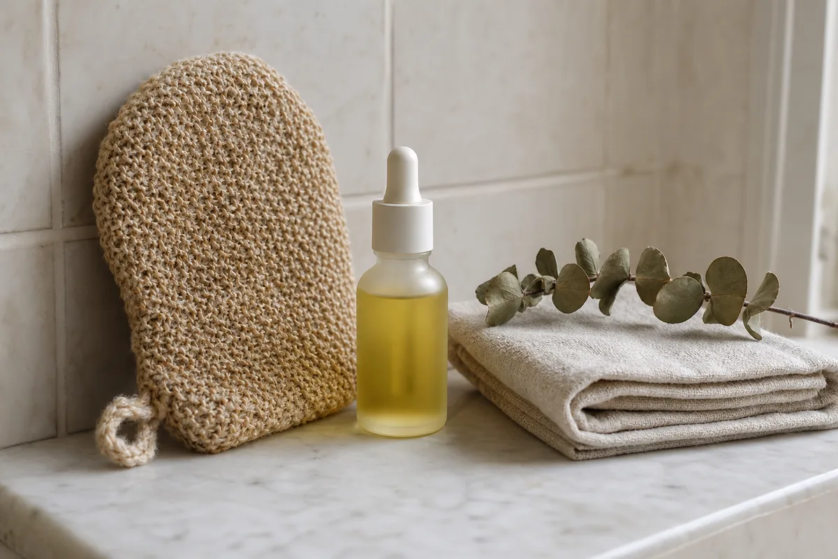Étagère de salle de bain avec gant en fibres naturelles, flacon en verre dépoli et serviette pliée