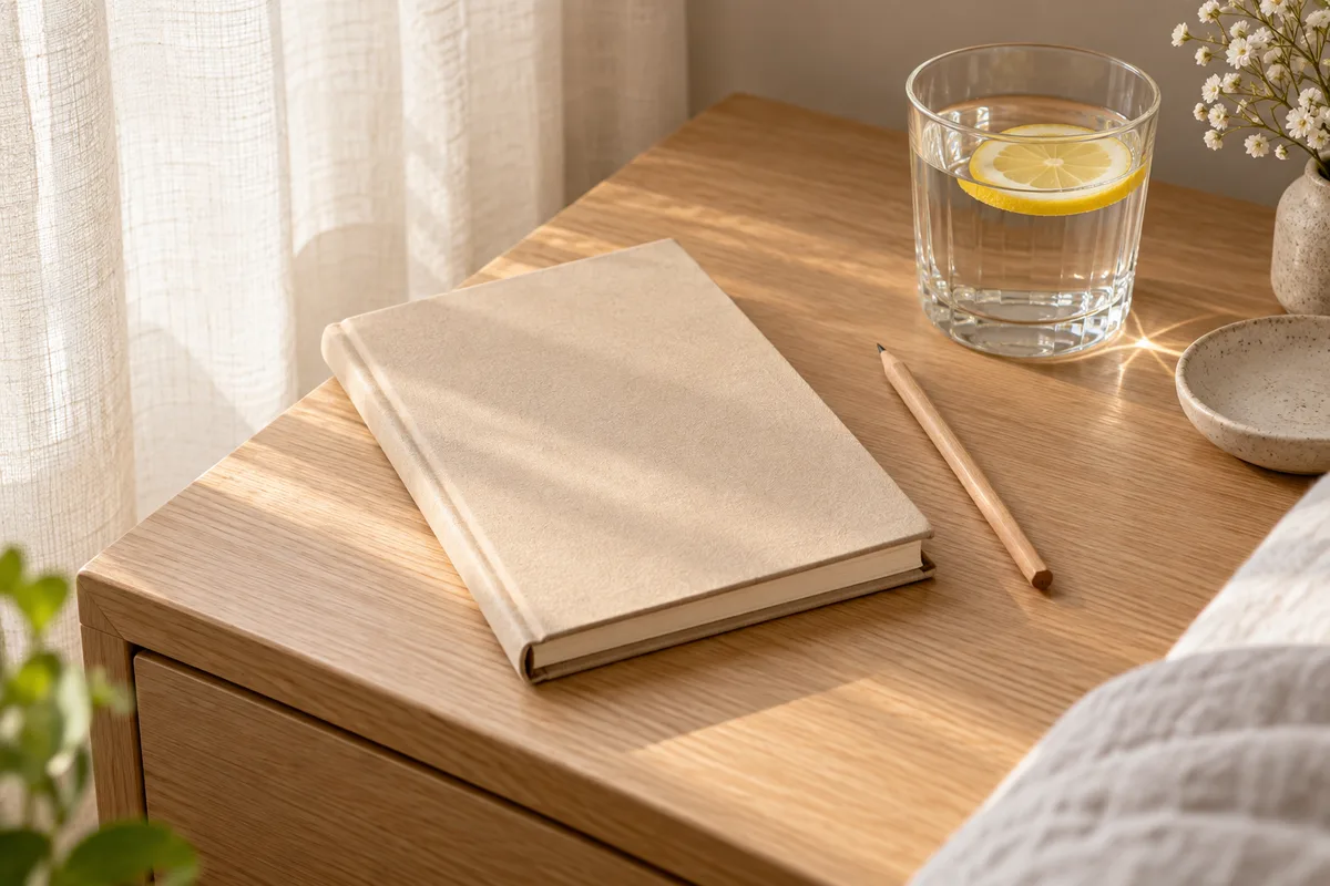 Carnet beige fermé, crayon en bois et verre d’eau citronnée sur une table de chevet