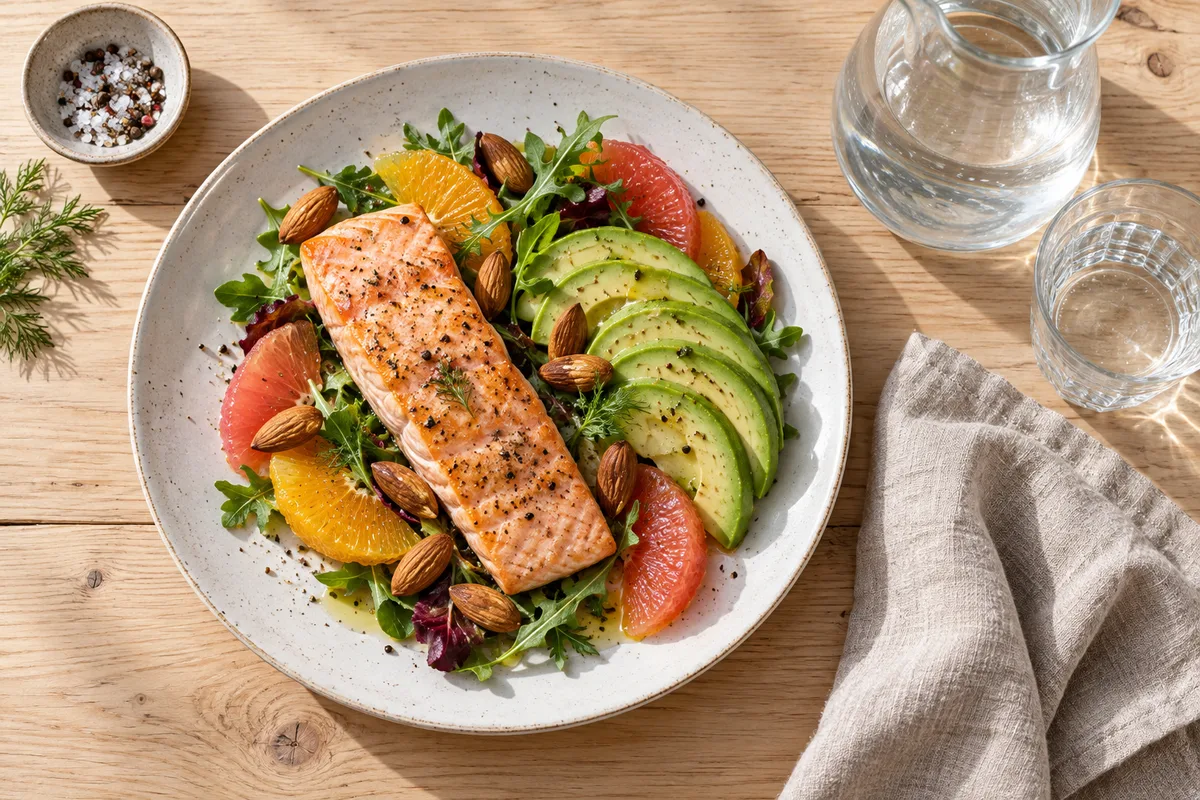 Assiette de saumon, avocat, agrumes et amandes sur une table en bois clair